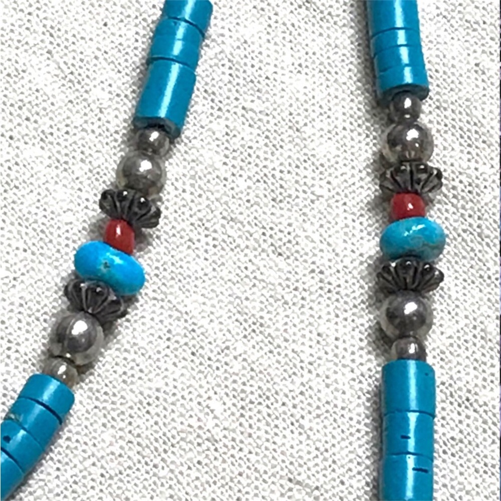 SALE | Vintage Sterling Silver Turquoise & Coral Heishi Bead Necklace - Picture 3 of 6